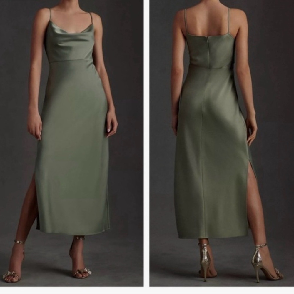 Anthropologie BHLDN cali satin cowl-neck midi slip dress in olive green size M